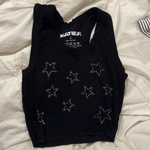 Katie J NYC Semi cropped black tank top with diamond stars